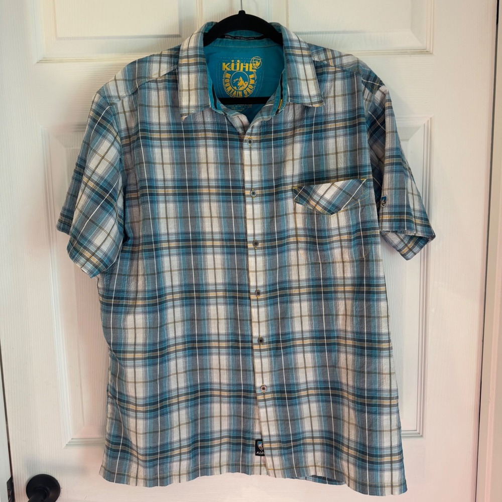 Kuhl Button Down Shirt Mens XL Blue Plaid Short Sleeve Outdoor Stretch 5414